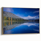 Framed canvas wall art depicting Mount Hood in Oregon, featuring muted earth tones, ideal for bedroom decor.