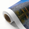 Art Deco style poster of Mount Hood, Oregon, in muted blue tones on rolled canvas, ideal for nursery wall art.