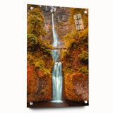 Acrylic print of Multnomah Falls in Oregon, featuring vibrant green and blue tones, ideal for dining room art.