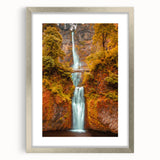 Textured art print of Multnomah Falls, Oregon, featuring muted green and blue tones on a framed silver mat.