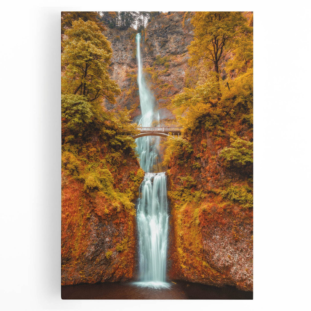 Black and white stretched canvas of Multnomah Falls, ideal for kitchen wall art.