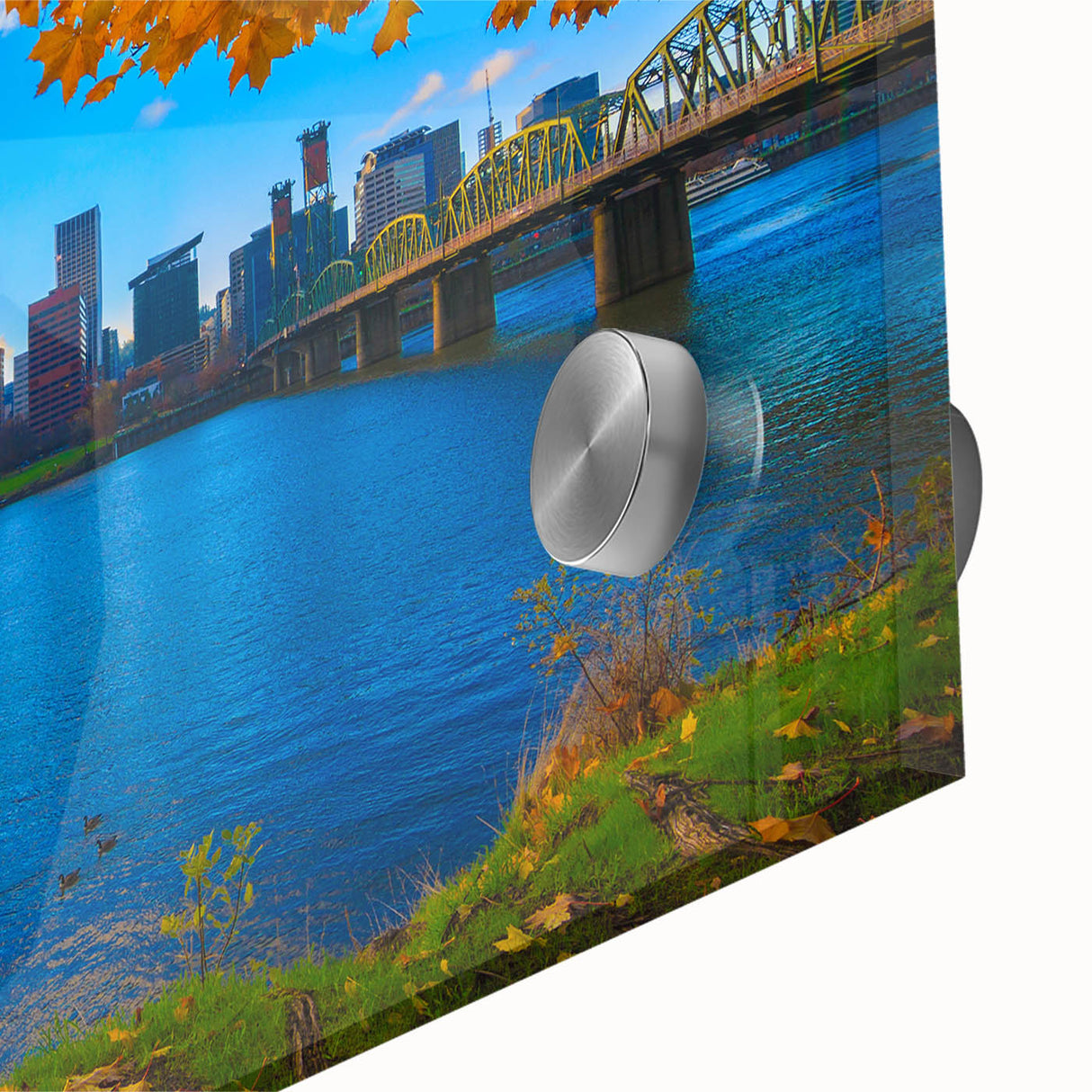 Large abstract wall art of Portland, Oregon, in acrylic glass, featuring mid-century modernist style and vibrant hues.