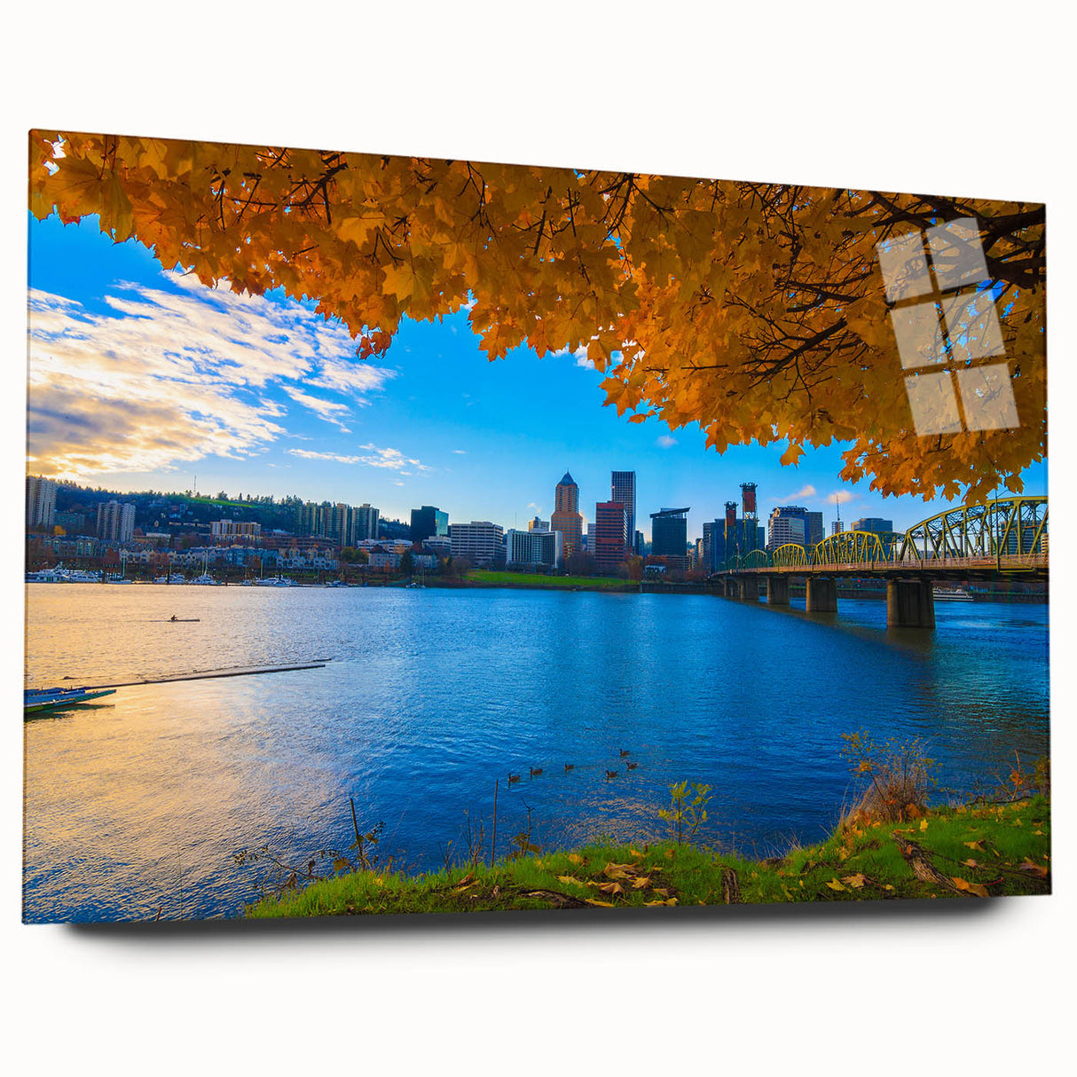Acrylic print of a large abstract depiction of Portland, Oregon, in muted green and blue tones.