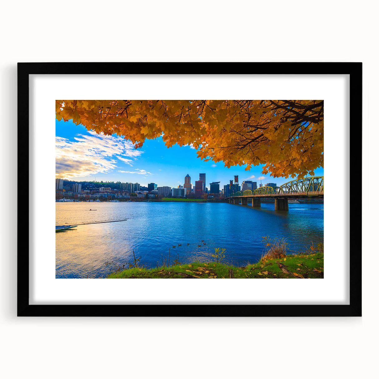 Extra large abstract art print of colorful, textured Portland scenery on a black framed canvas, ideal for living room decor.