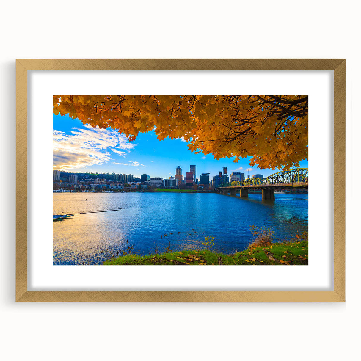 Extra large abstract art print of Portland, Oregon, featuring textured brush strokes in earthy tones, framed in gold.