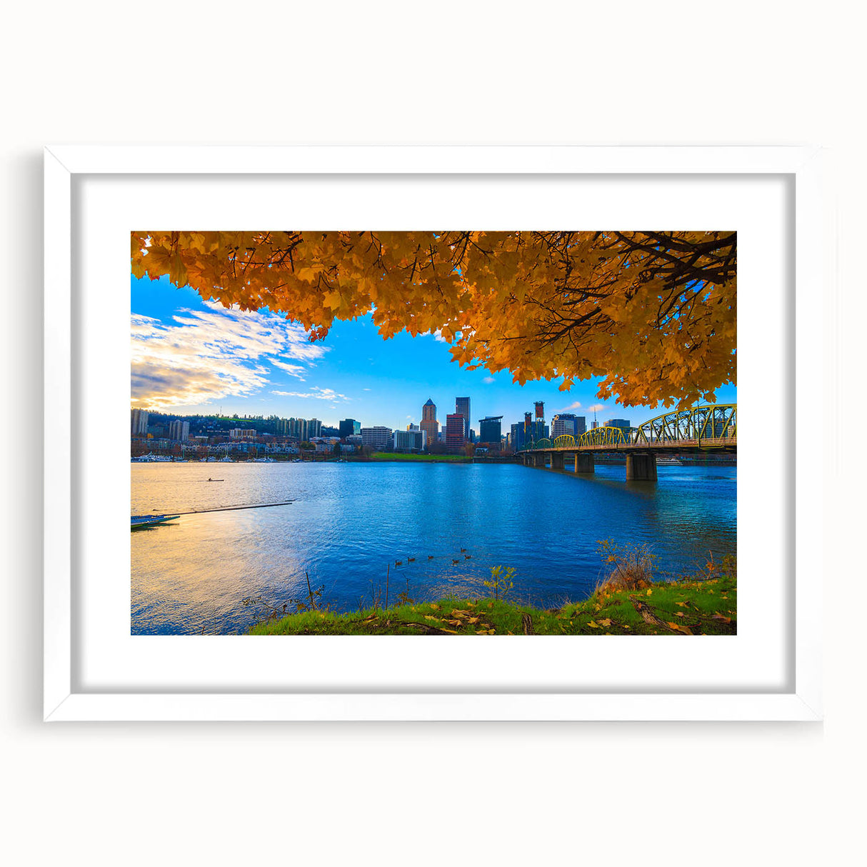 Abstract art print of Portland, Oregon, in muted gray and blue tones on a framed white mat, ideal for dining room decor.