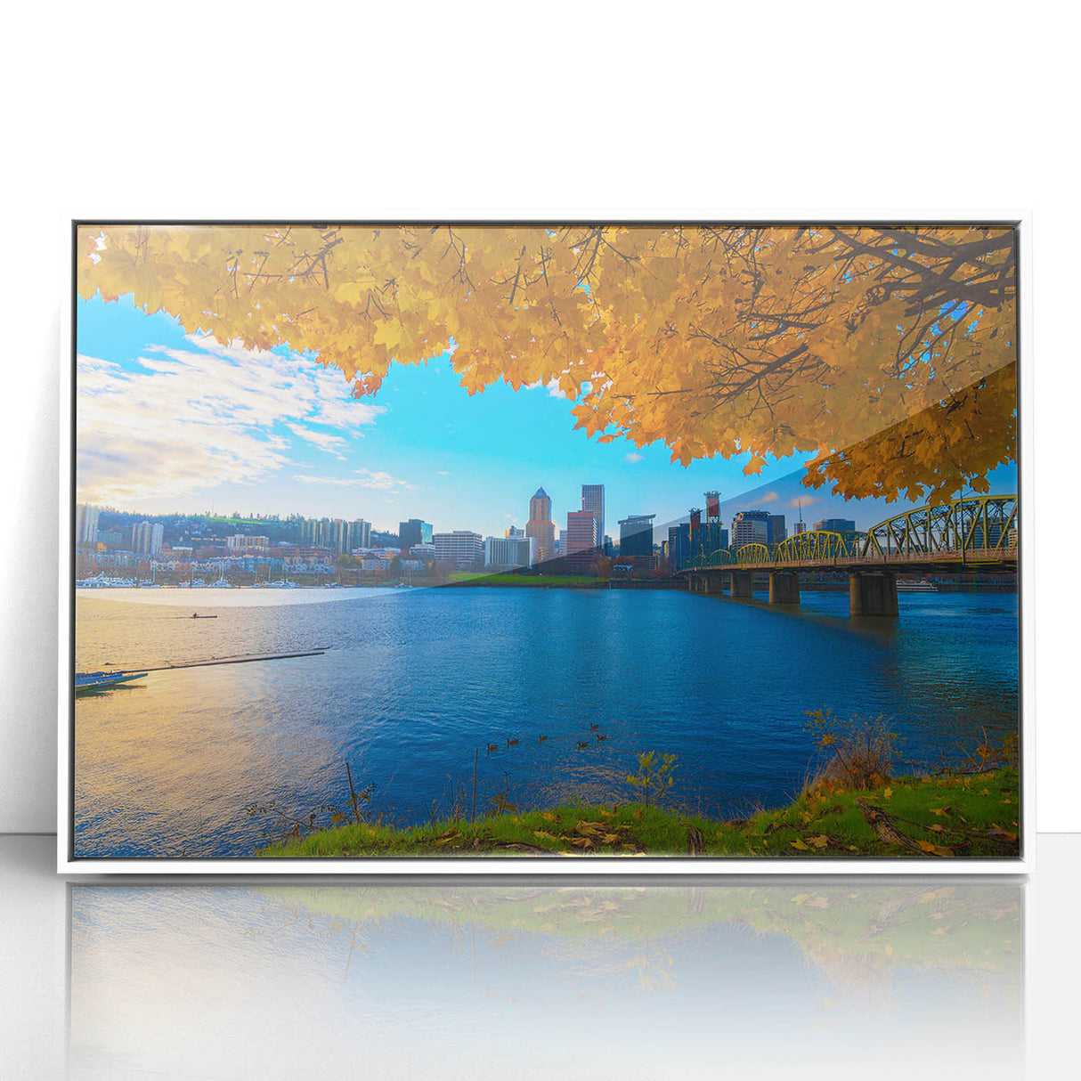 Art deco poster of Portland, Oregon skyline in muted gray and blue tones on a framed acrylic.