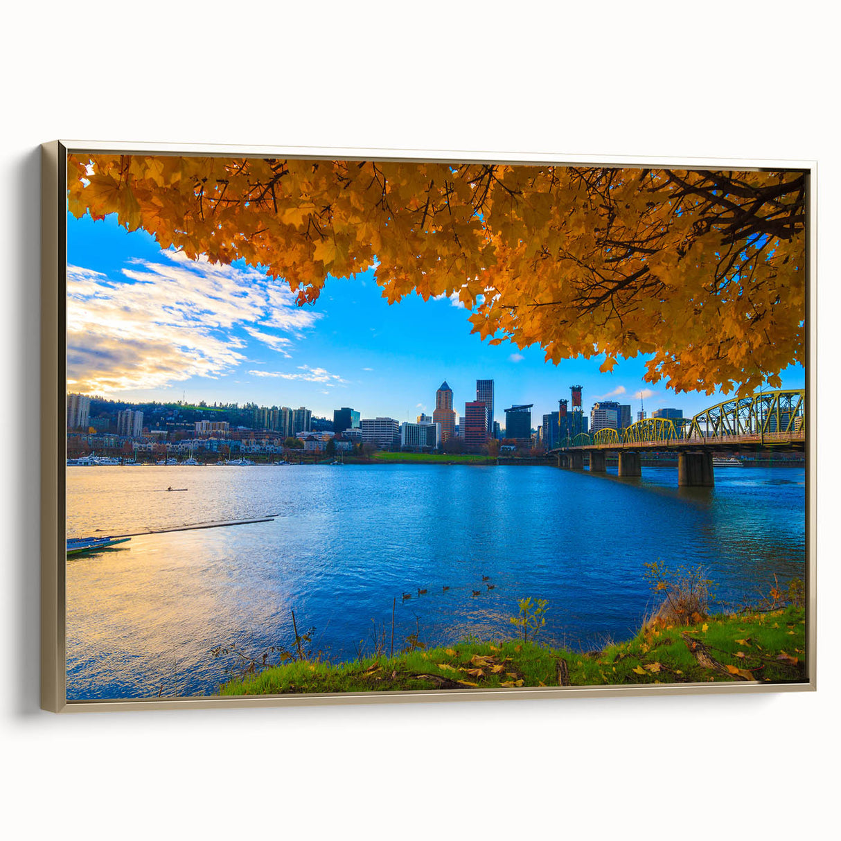 Framed canvas depicting a vintage-style Portland, Oregon landscape in muted gold and black tones, ideal for bedroom wall art.