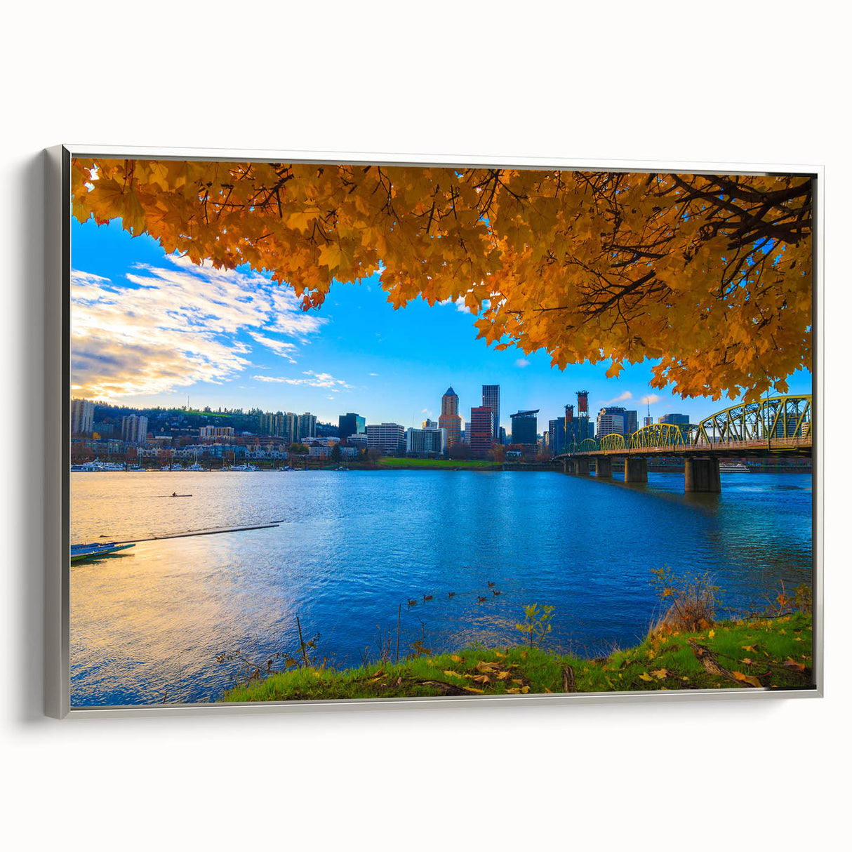 Framed canvas depicting a vintage-style Portland, Oregon landscape with colorful art elements and black border.