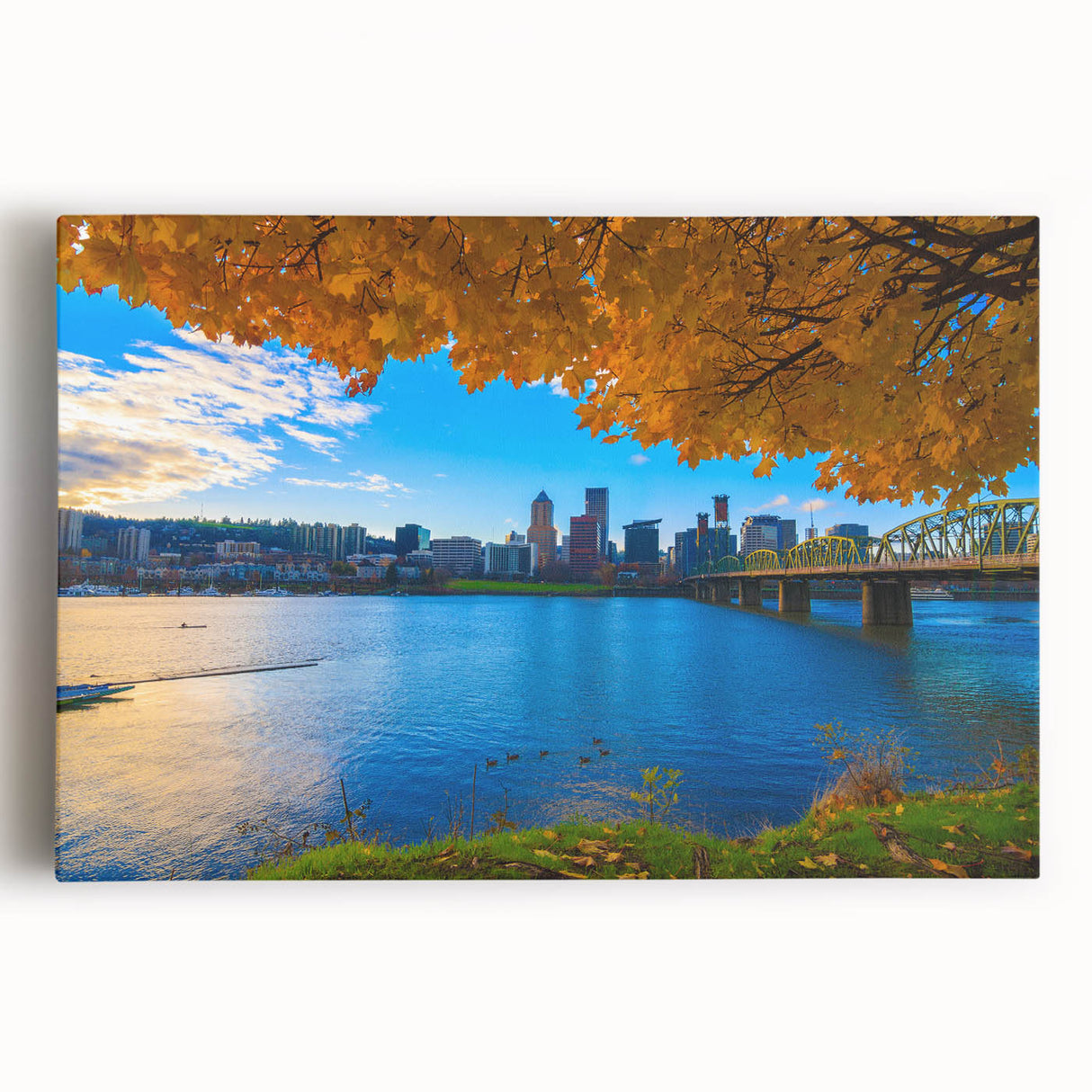 Black and white stretched canvas of Portland, Oregon skyline, ideal for kitchen art.