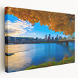 Portland, Oregon skyline in muted gray and blue tones on a large stretched canvas, ideal for kitchen wall art.