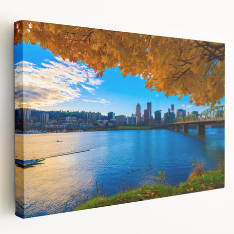 Portland, Oregon skyline in muted gray and blue tones on a large stretched canvas, ideal for kitchen wall art.
