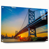 Large abstract depiction of Philadelphia skyline in muted blue and gray tones on acrylic glass.