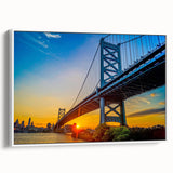 Vintage poster art of Philadelphia skyline in colorful hues on extra large, framed canvas, ideal for living room decor.
