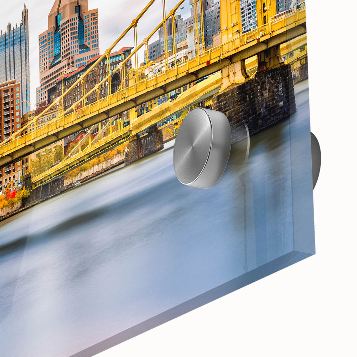 Large abstract wall art of Pittsburgh skyline in muted blue and gray tones on acrylic glass.