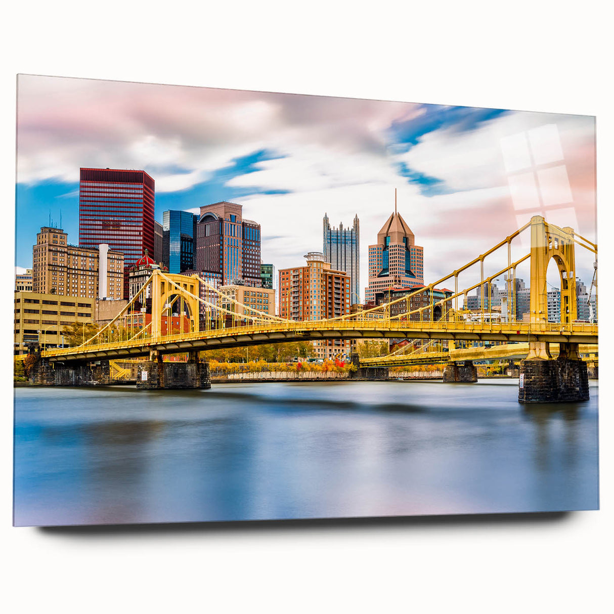 Acrylic print of Pittsburgh skyline in muted blues and grays, ideal for bedroom or dining room art.