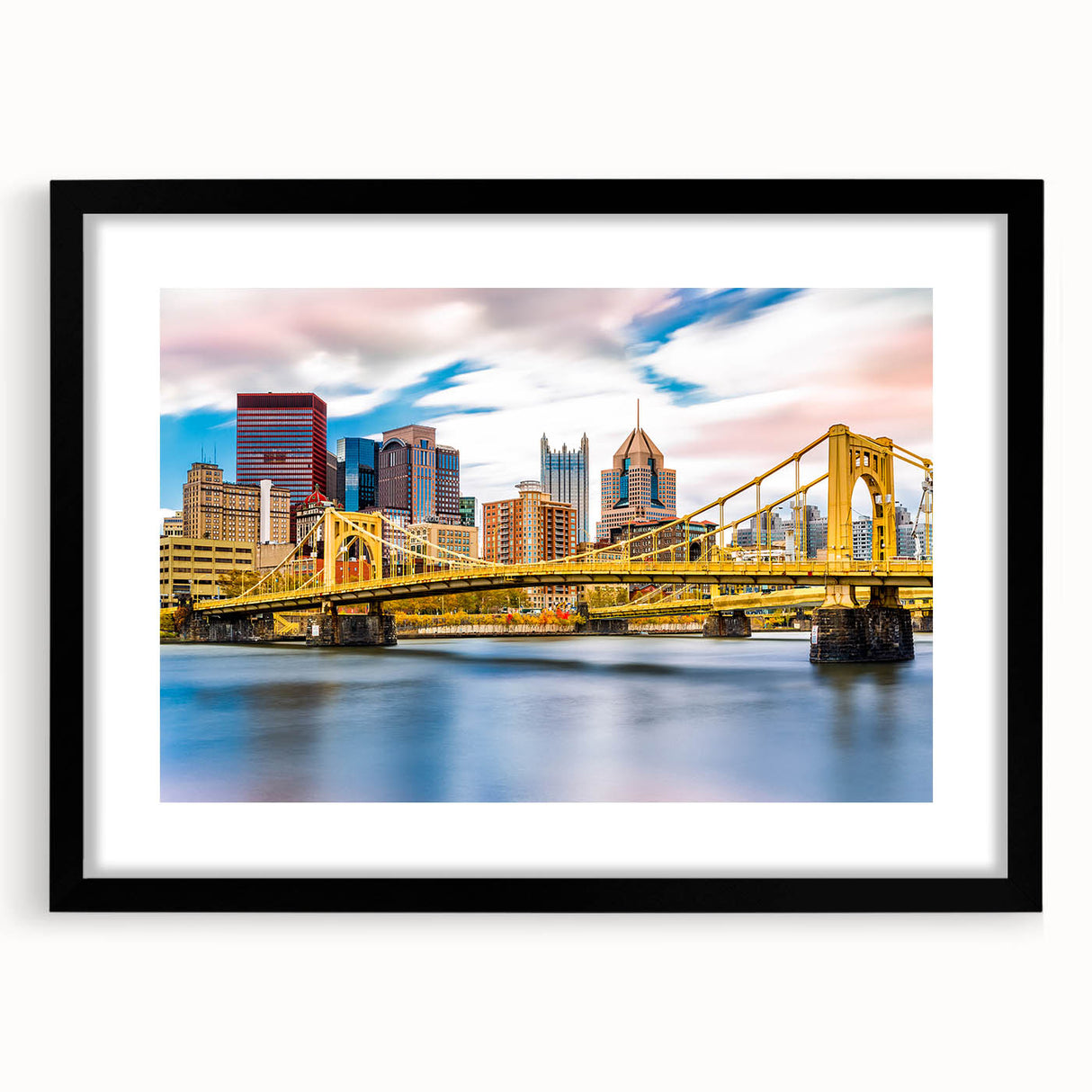 Extra large canvas featuring an abstract art print of Pittsburgh in vibrant, colorful hues, ideal for living room decor.