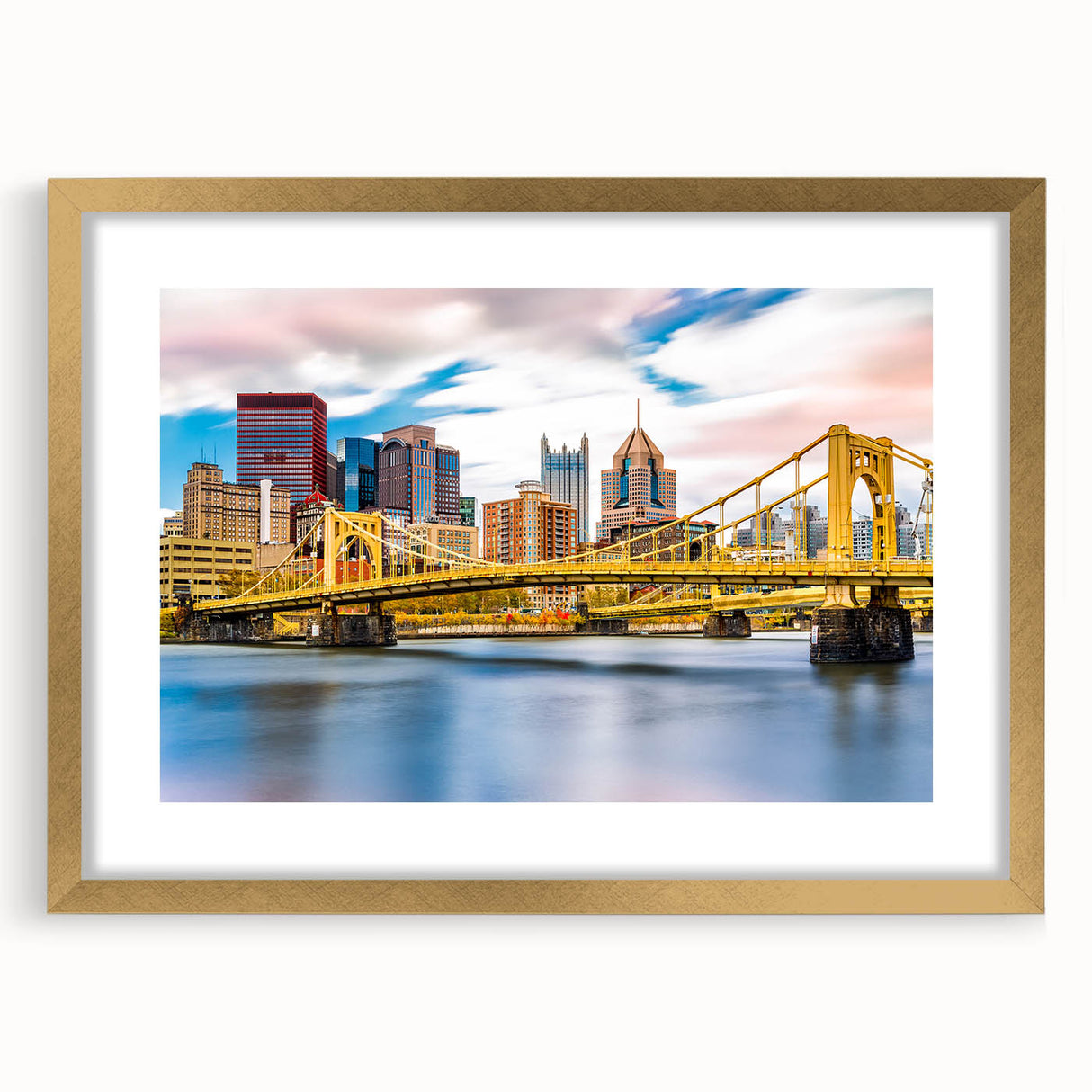 Abstract art print of Pittsburgh skyline in textured gold frame, ideal for extra large wall art in a living room.