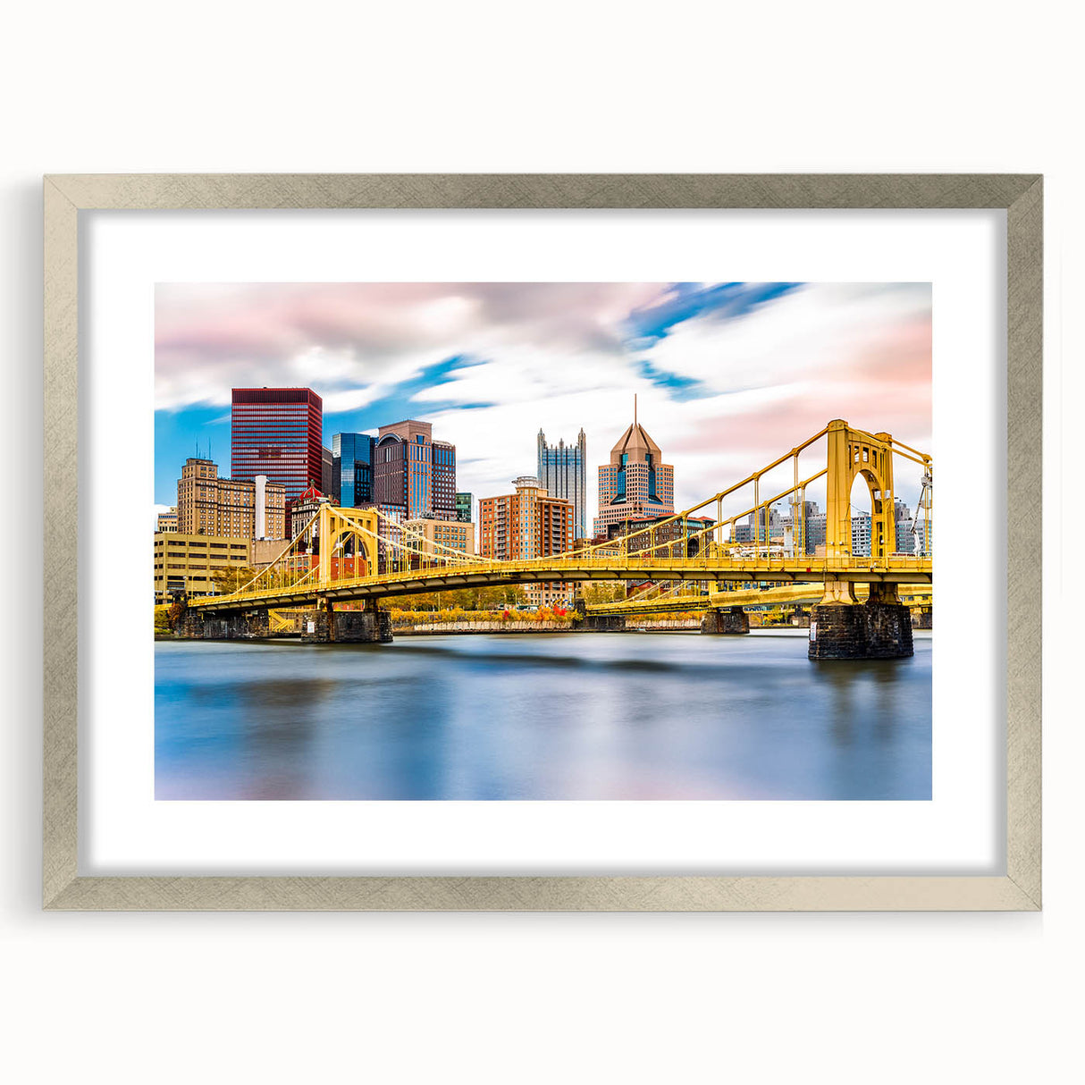 Textured art print of abstract Pittsburgh skyline in muted gray and blue tones on a framed silver mat.