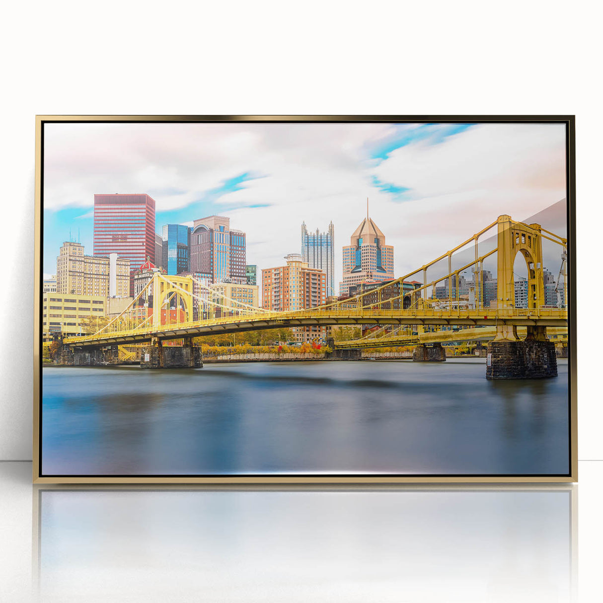 Framed acrylic print of Pittsburgh skyline in muted gold and gray tones, ideal for modern art wall decor.