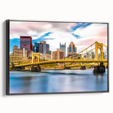 Framed canvas of black and white Pittsburgh landscape, ideal for bedroom wall art.