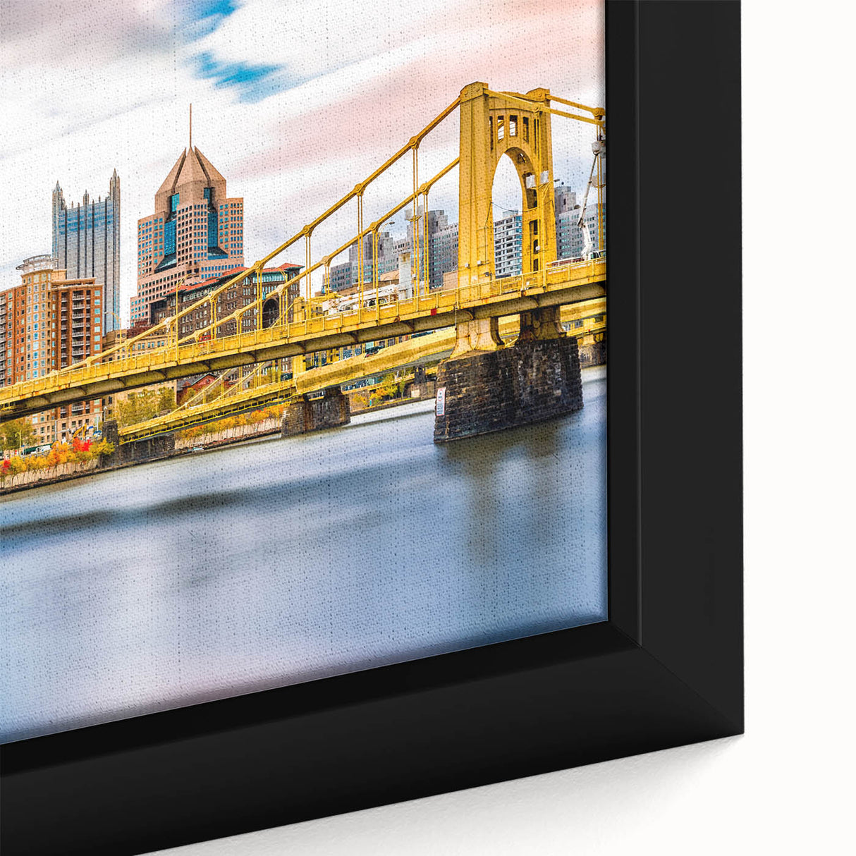 Framed canvas of Pittsburgh skyline featuring black and colorful textured art, ideal for extra large living room wall.