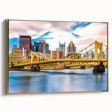 Framed canvas of vintage Pittsburgh landscape in black and gold tones, ideal for bedroom wall art.