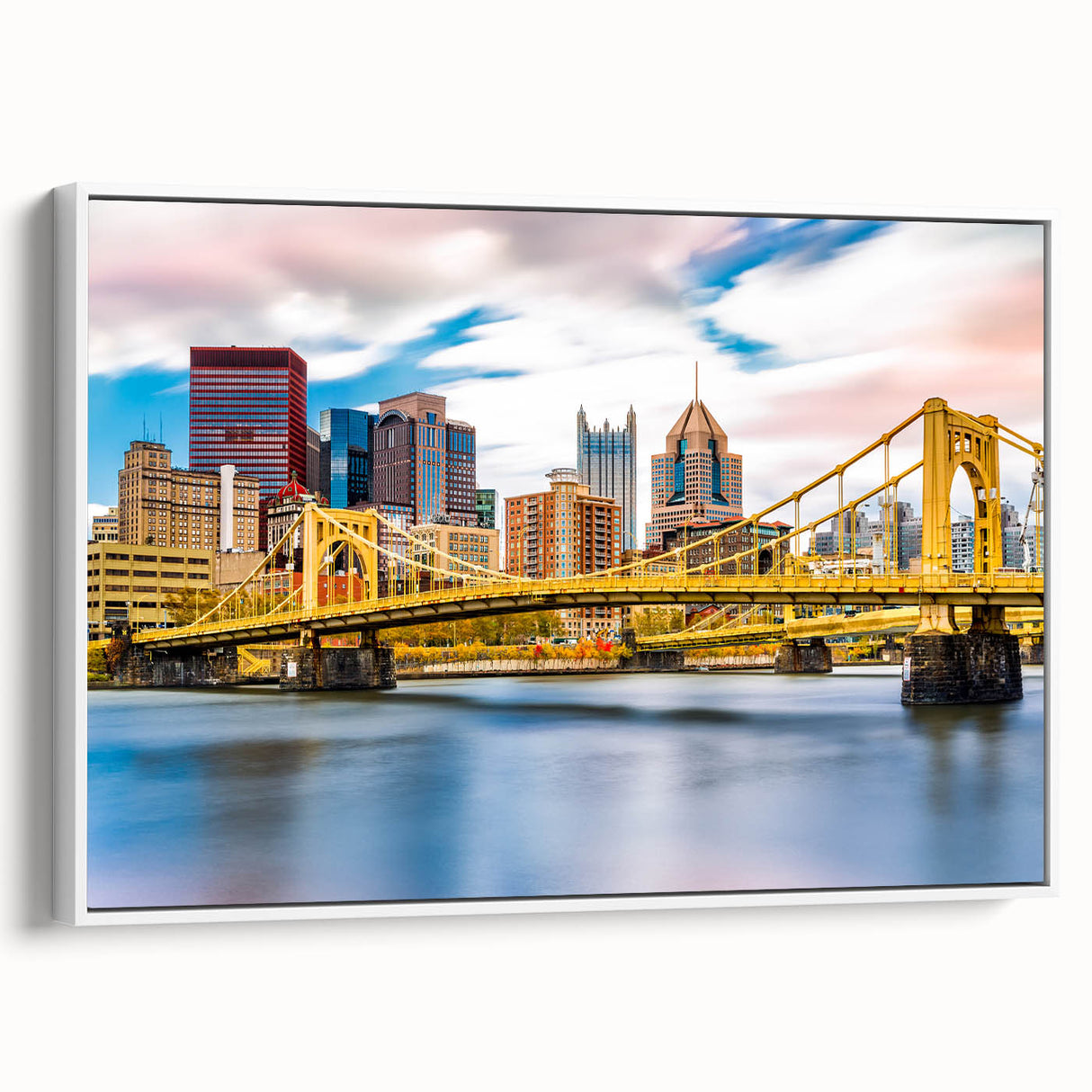 Vintage poster art of Pittsburgh skyline in colorful hues on extra large framed canvas, ideal for living room wall.
