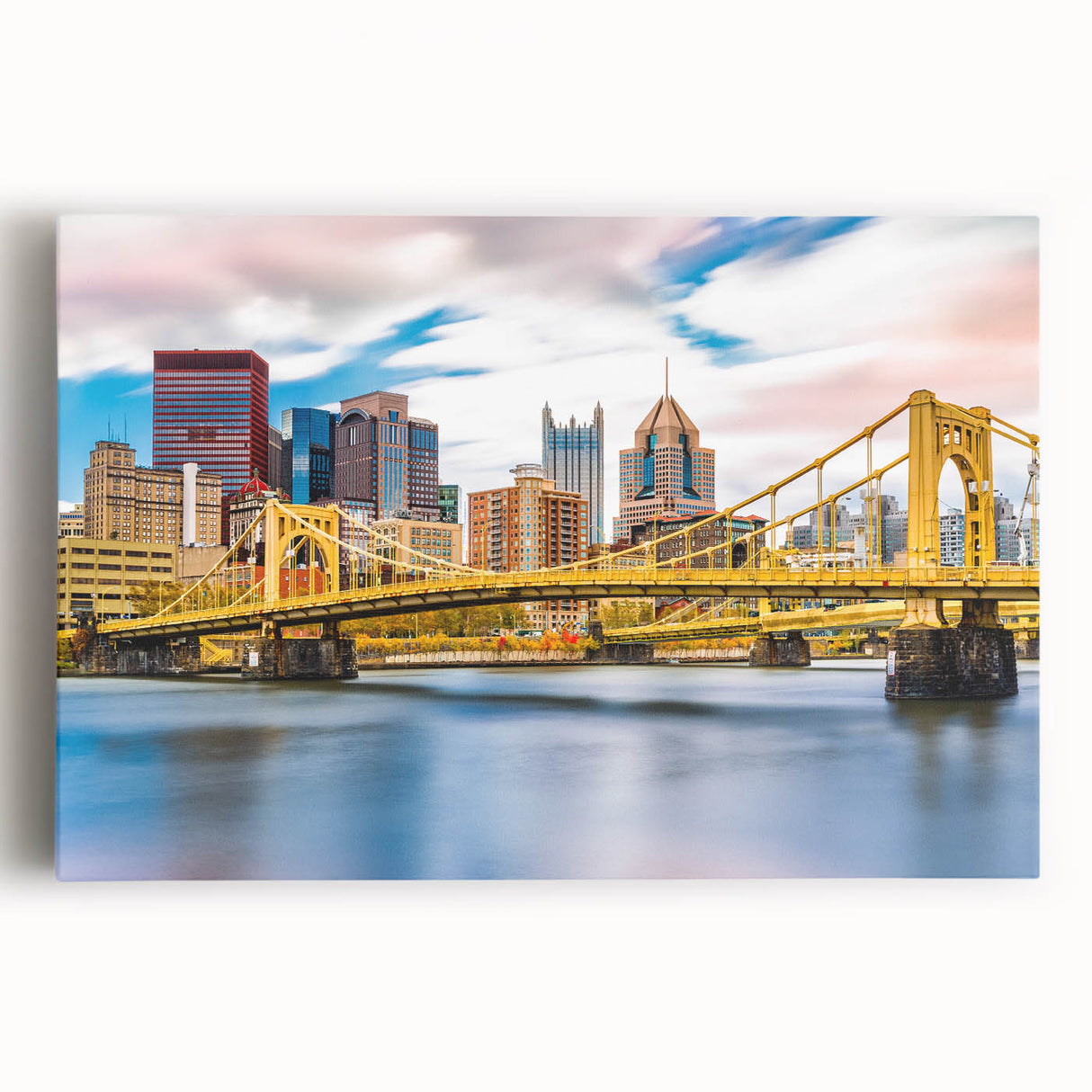 Black and white photograph of Pittsburgh skyline on stretched canvas, ideal for kitchen wall art.