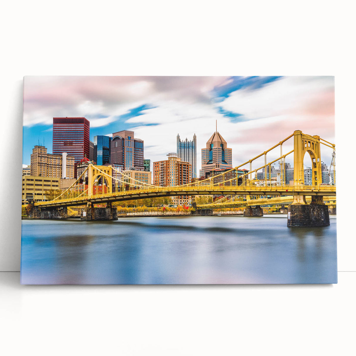 Black and white photo of Pittsburgh skyline on large stretched canvas, suitable as kitchen wall art.