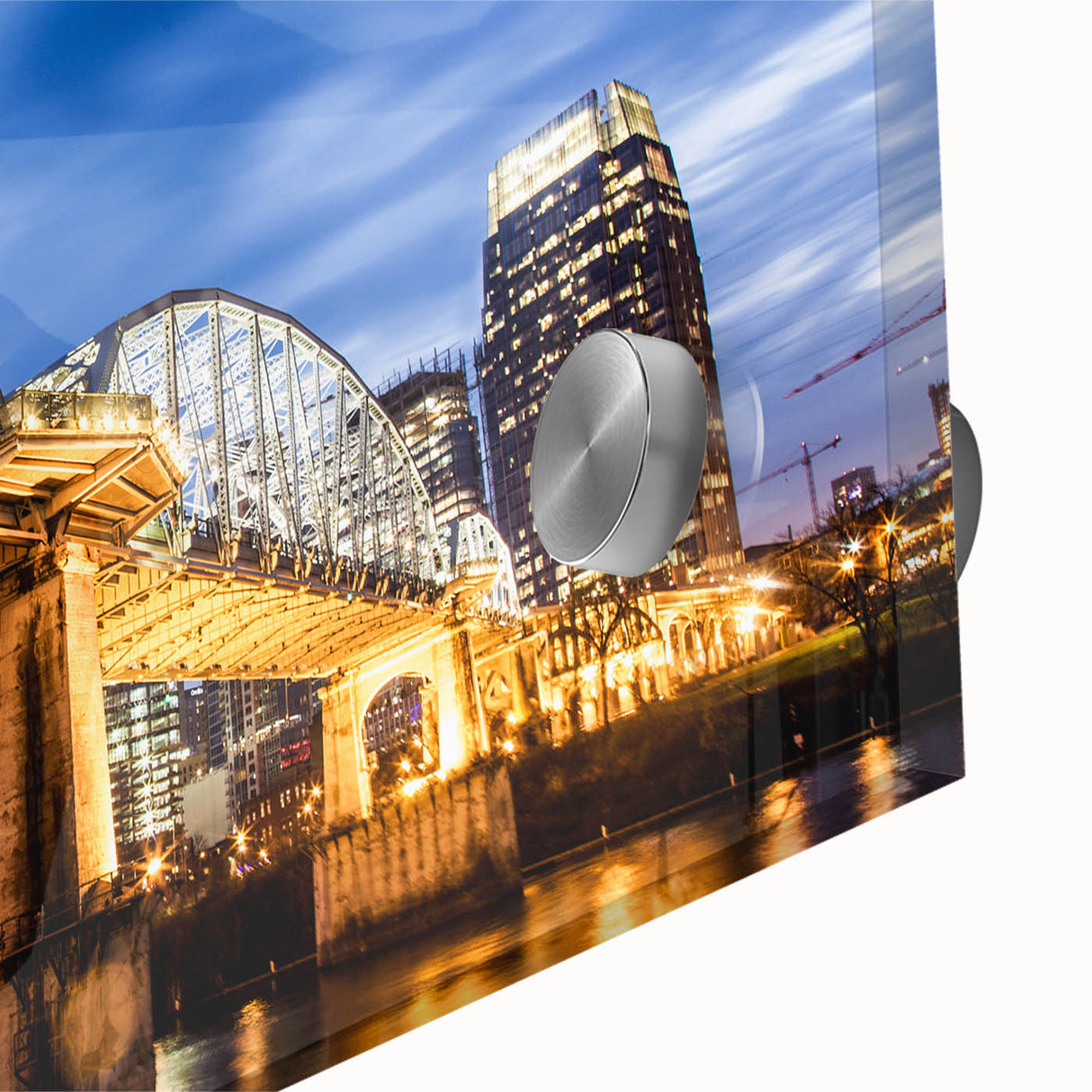 Acrylic print of Nashville skyline in muted gray and blue tones, ideal for dining room art.