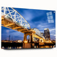 Acrylic print of Nashville skyline in muted gray and blue tones, suitable for dining room decor.
