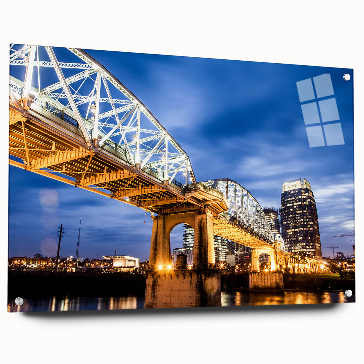 Acrylic print of Nashville skyline in muted gray and blue tones, suitable for dining room decor.
