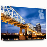 Acrylic print of Nashville skyline in muted gray and blue tones, suitable for dining room decor.