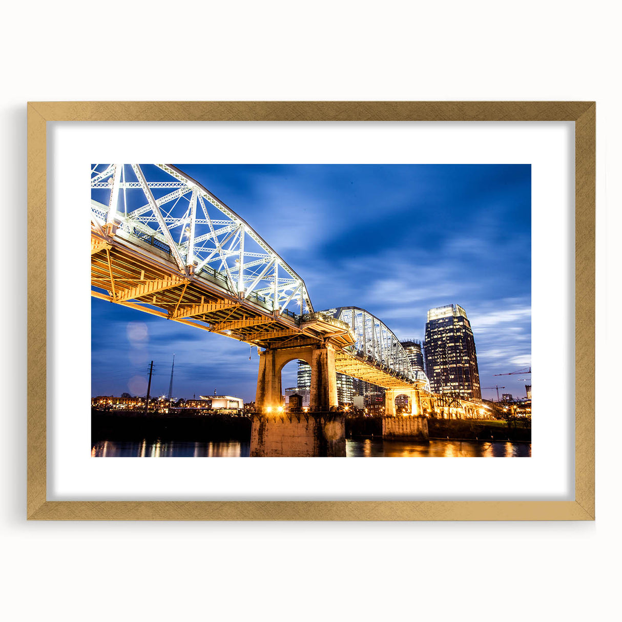 Abstract art print of Nashville skyline in textured gold frame, ideal for extra large wall art in a living room.
