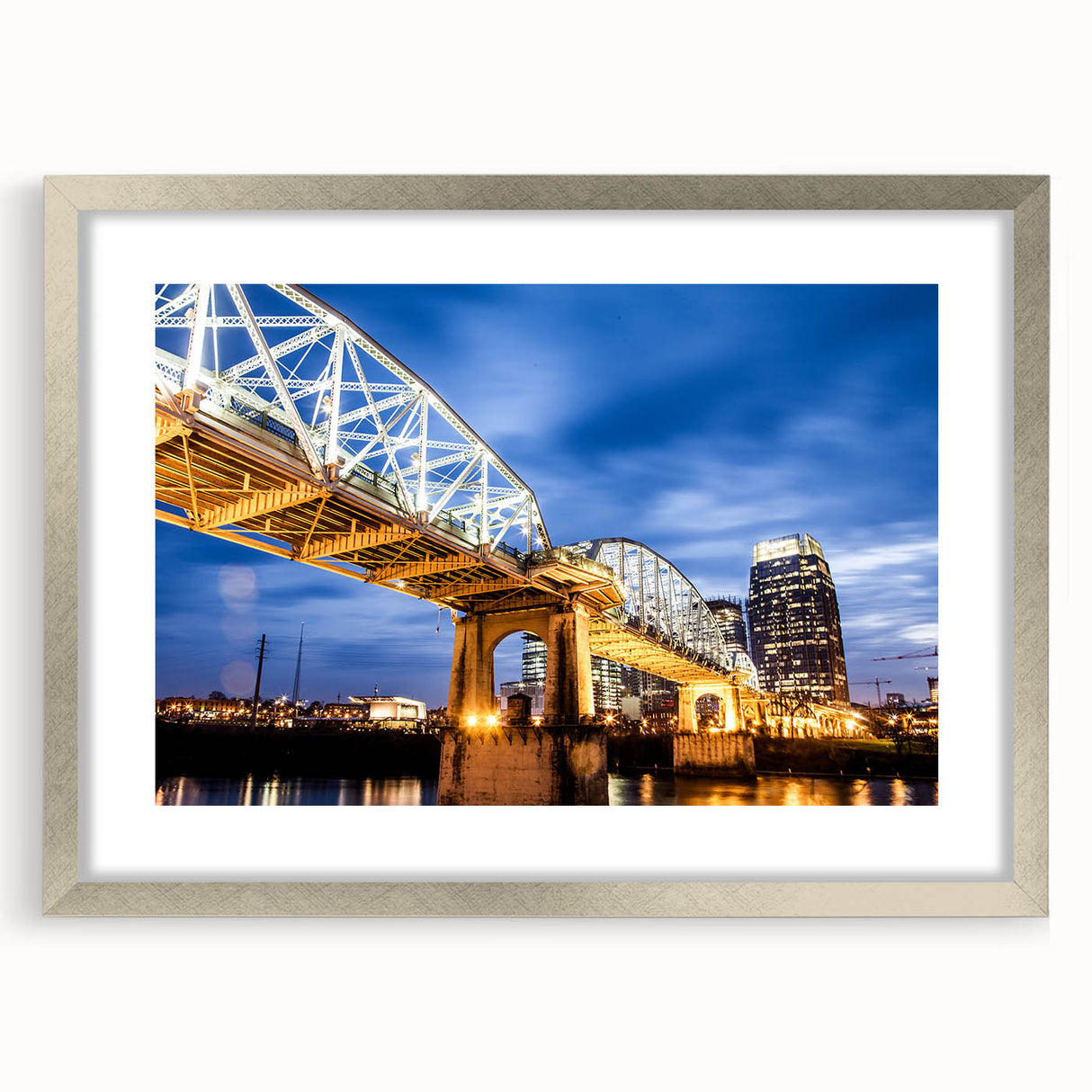 Textured abstract art print of Nashville skyline in muted earth tones on framed canvas, suitable for bedroom decor.