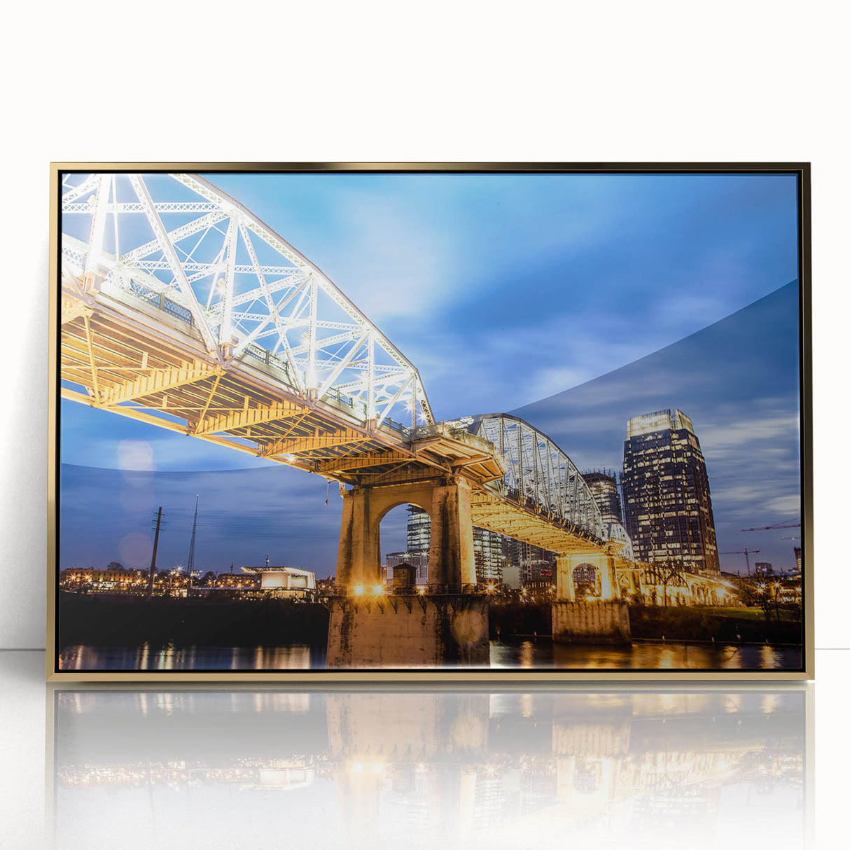 Framed acrylic print of Nashville skyline in muted gold and blue tones, ideal for modern art wall decor.