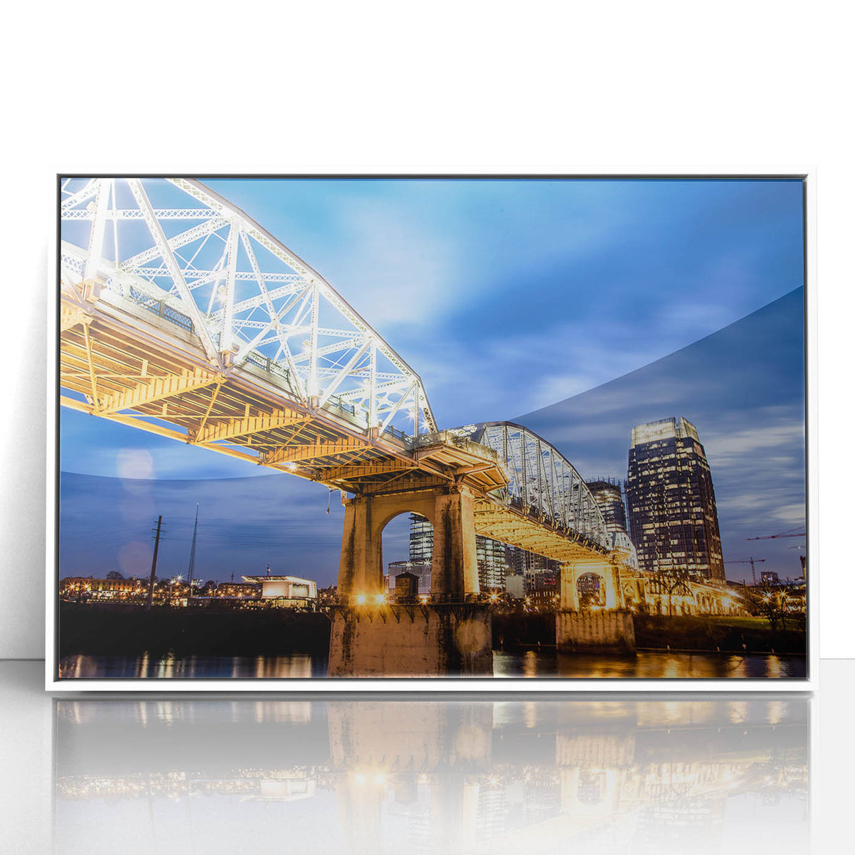 Framed acrylic print of Nashville skyline in muted blue tones, ideal for modern art wall decor.