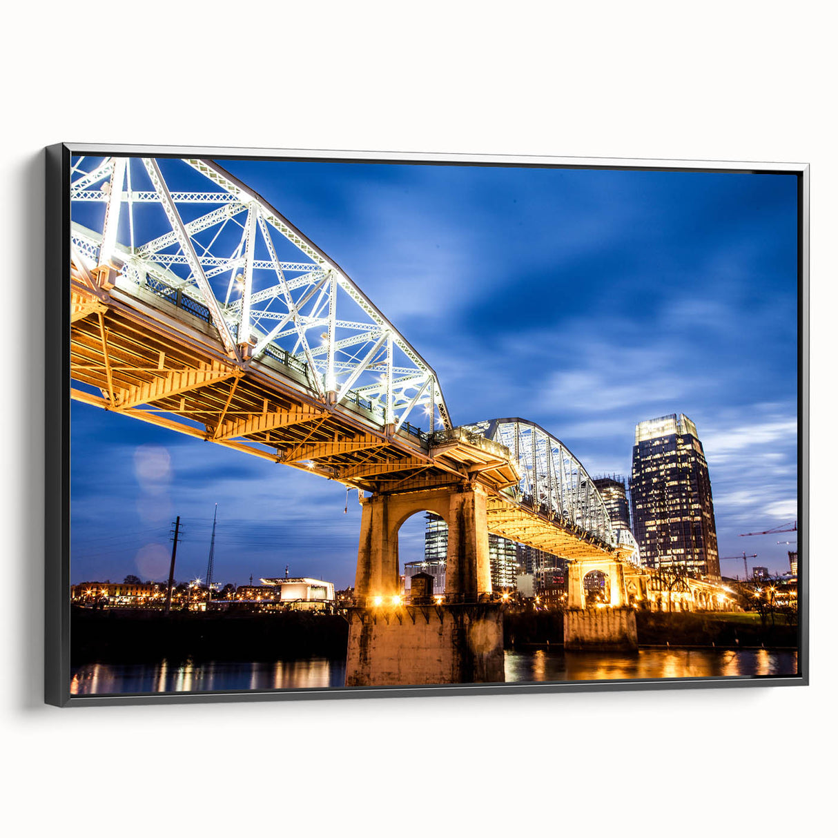 Black and white framed canvas of Nashville landscape with vintage poster art style, ideal for bedroom wall decor.