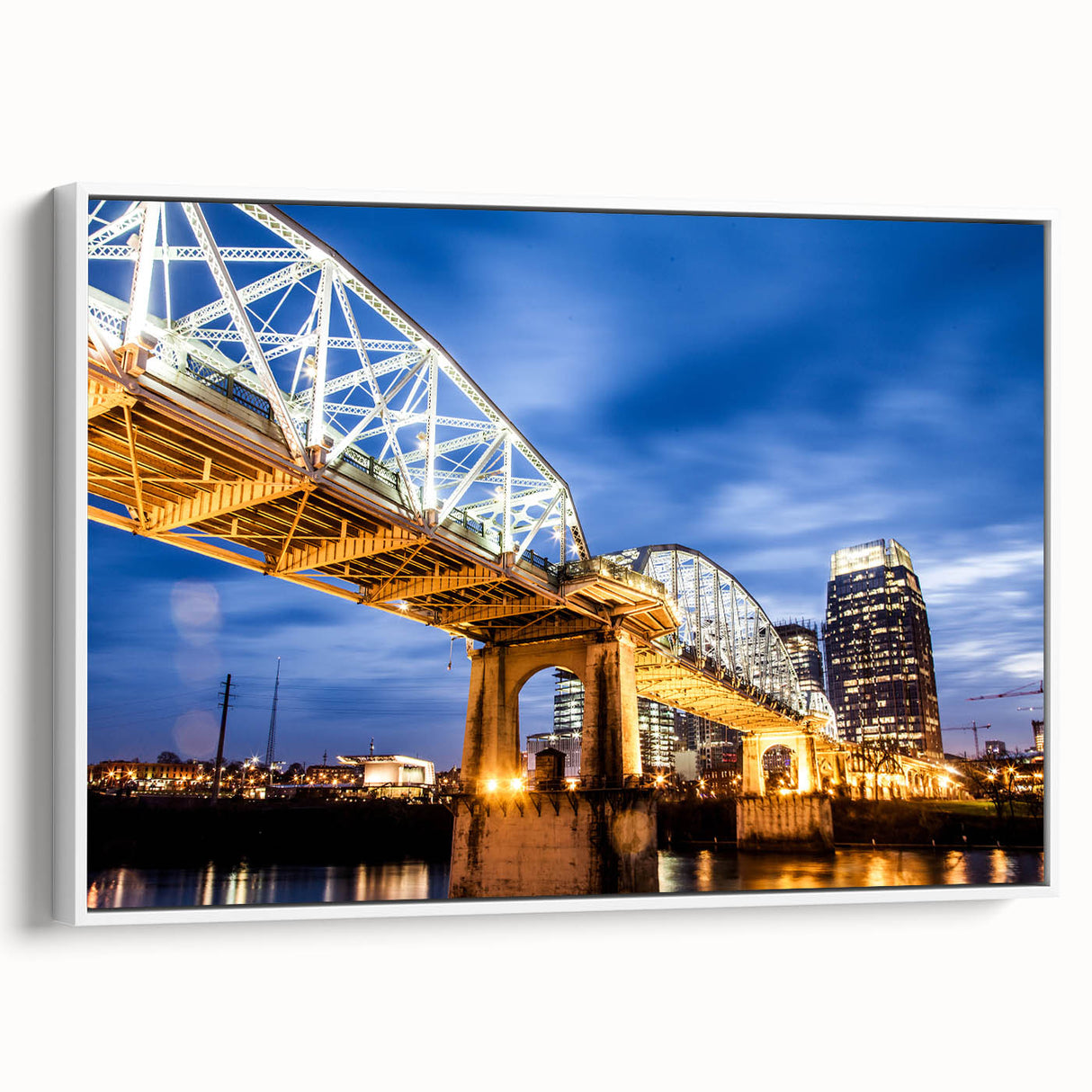 Vintage poster art of Nashville skyline in vibrant colors on a large framed canvas, suitable for living room decor.