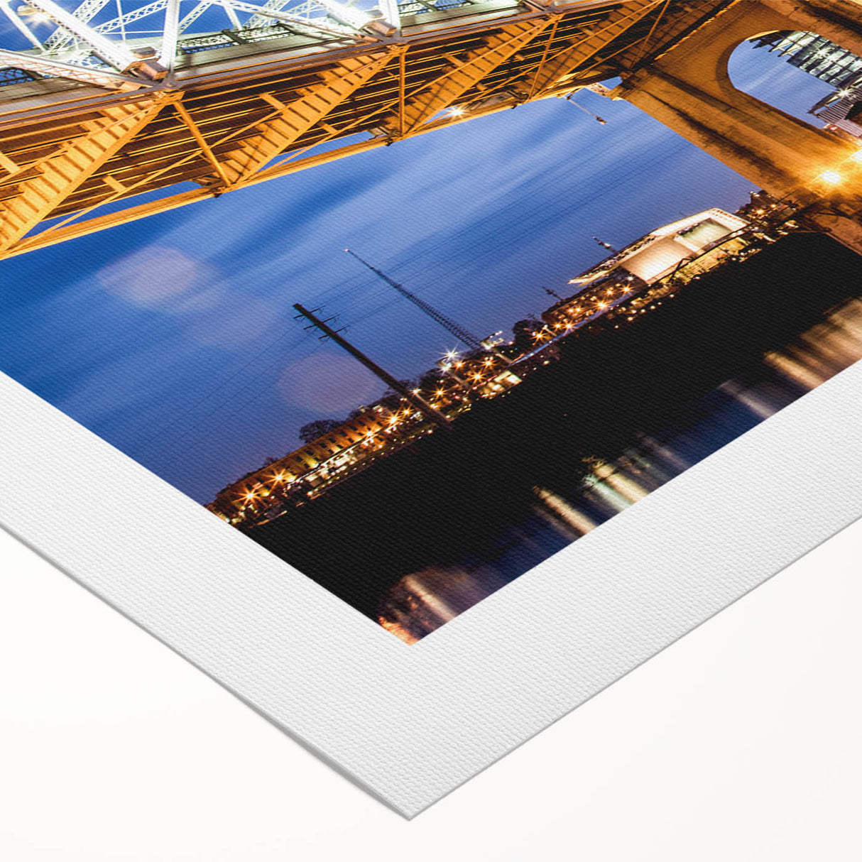Art deco poster of Nashville skyline in muted gold and blue hues on rolled canvas, suitable for dining room decor.