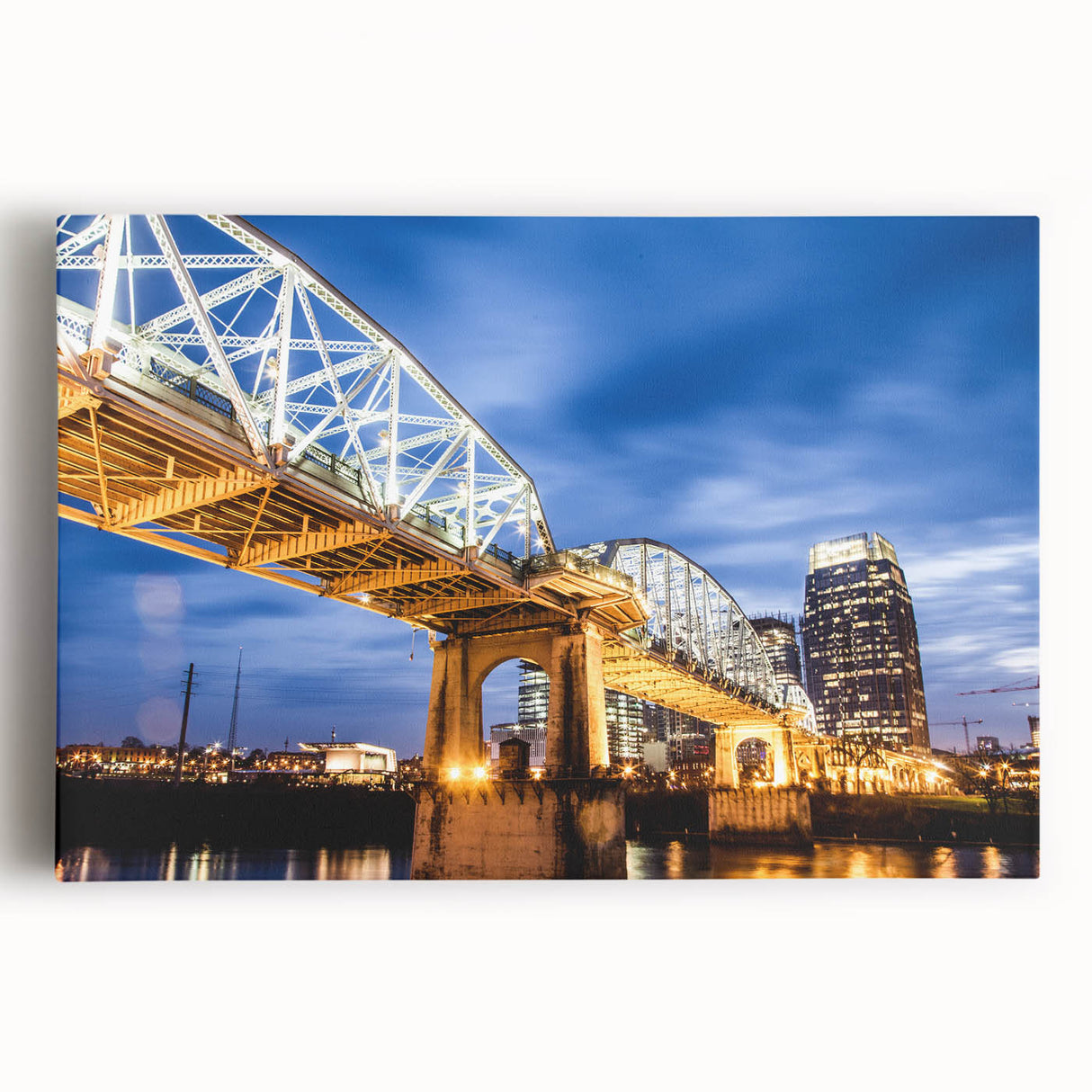 Black and white stretched canvas of Nashville skyline, ideal for kitchen wall art.