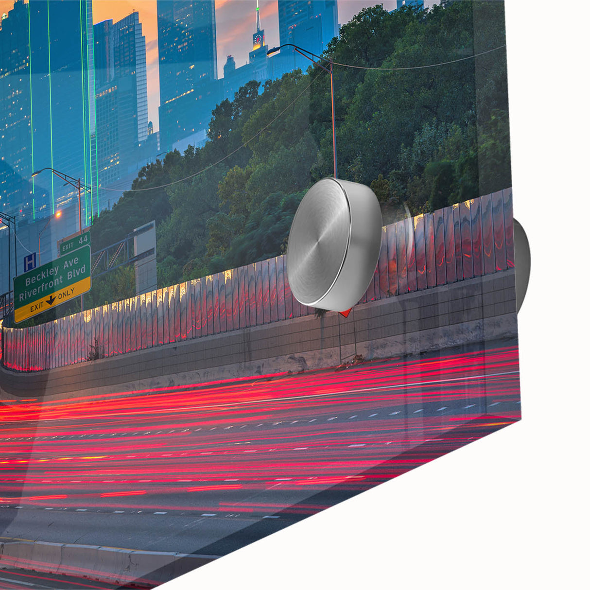 Large abstract wall art of Dallas skyline in muted earth tones on acrylic glass, ideal for dining room ambiance.