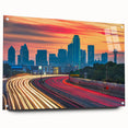 Acrylic print of Dallas skyline in muted gray and blue tones, suitable for bedroom or dining room decor.