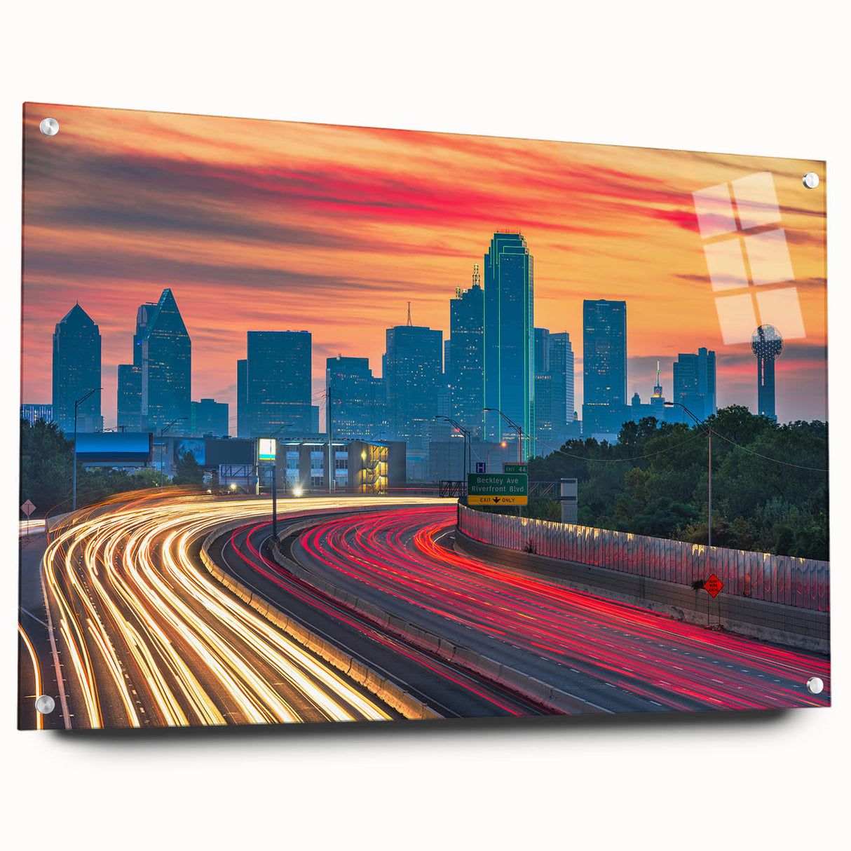 Acrylic print of Dallas skyline in muted gray and blue tones, suitable for bedroom or dining room decor.