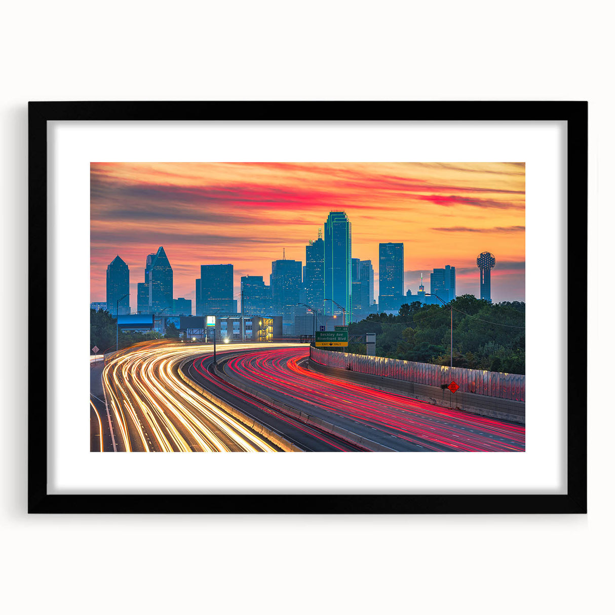 Abstract art print of Dallas skyline in vibrant colors on a large textured canvas, ideal for living room decor.