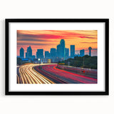 Abstract art print of Dallas skyline in vibrant colors on a large textured canvas, ideal for living room decor.