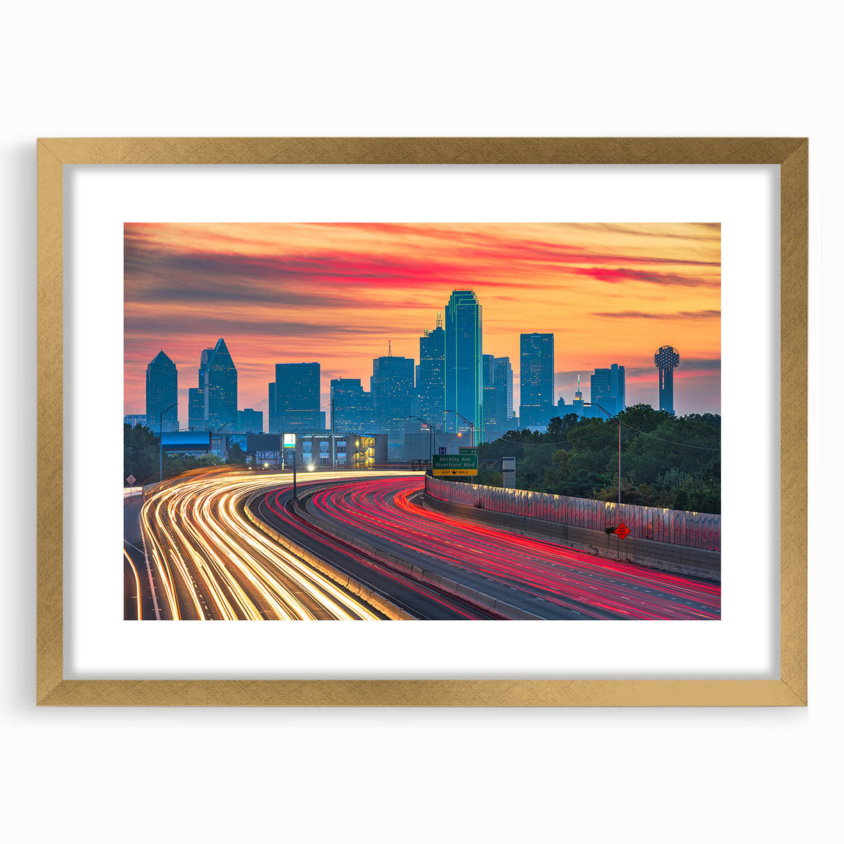 Extra large abstract art print of Dallas skyline in textured gold frame, ideal for living room decor.