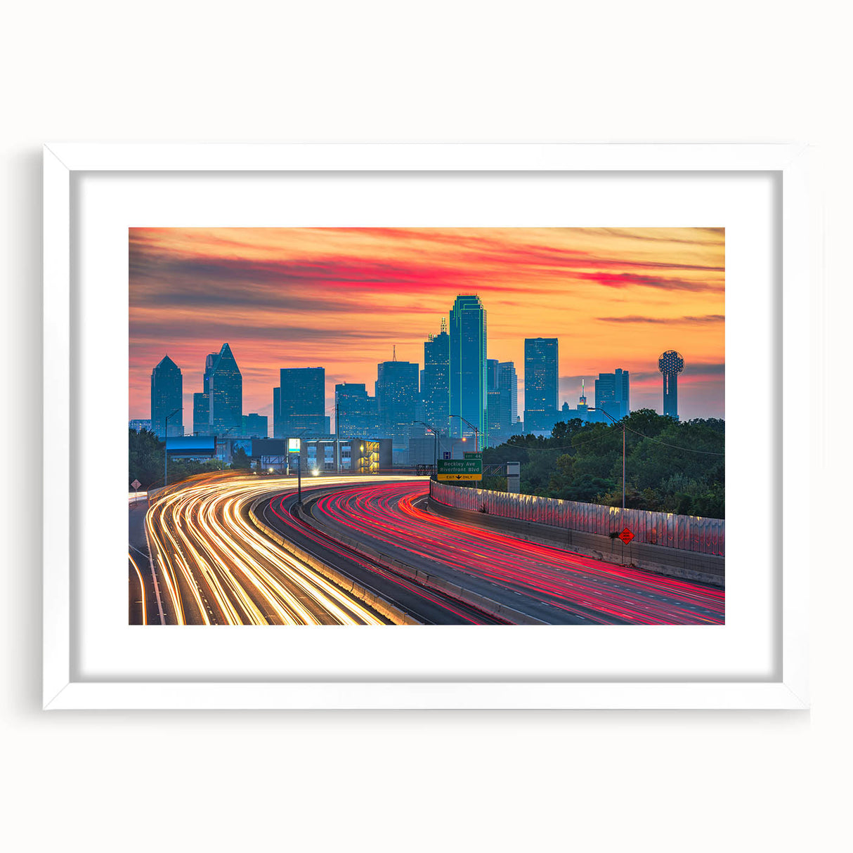 Abstract art print of Dallas skyline in muted gray and blue tones on a framed poster, ideal for bedroom or dining room decor.