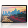 Large abstract wall art depicting Dallas skyline in muted blue tones, framed in black acrylic, suitable for modern decor.